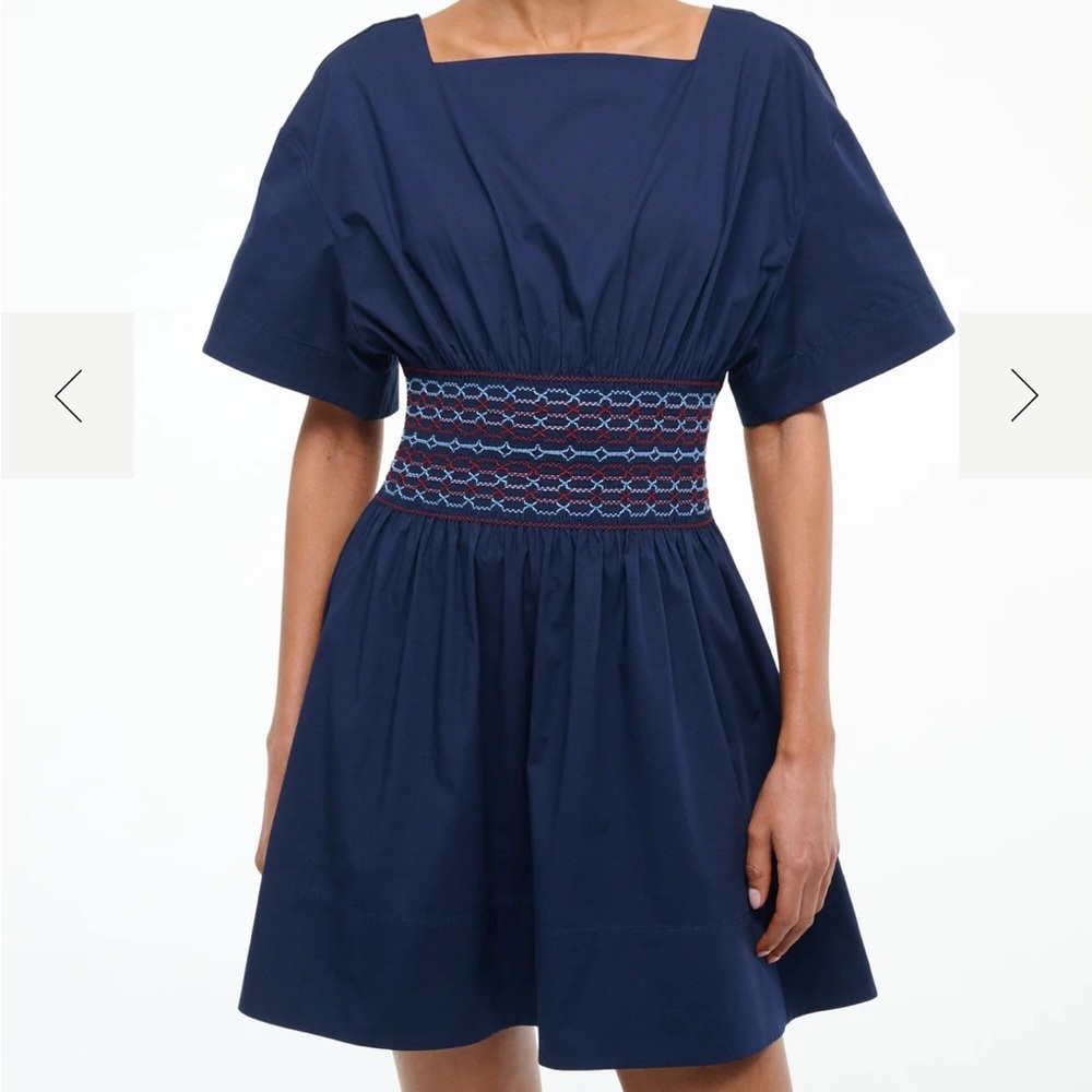 STAUD Amy Blue Smocked A-Line Mini Dress